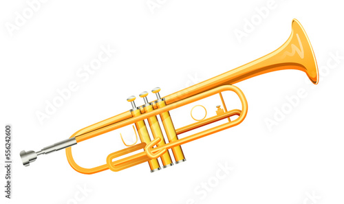 Golden trumpet in realistic flat style isolated on white background. Large brass wind classical instrument with straight tubing. Design image for orchestra and music concert poster vector illustration