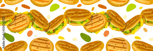 A pattern with Cuban arepas buns with stuffing and colored spots. Latin American cuisine. Local hamburger, pastries. Background for use in marketing. Packaging