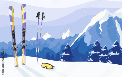 Ski equipment banner with snowy Alps peaks landscape on background. Purple yellow colors of skis, ski poles and goggle mask at snow. Ski resort poster with top of mountains hills. Vector illustration
