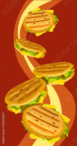 Illustration of Cuban arepas buns with filling on an abstract background. Latin American cuisine. Local hamburger, pastries. Vector for use in marketing. Banner, leaflet and other information