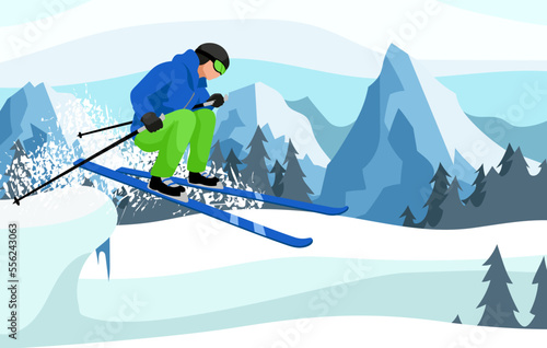 Skier jumping from mountains slope. Winter sports activities on skis in snowy Alps hills. Extreme skiing in ski resort. Country cross landscape with forest and rocks on background. Vector illustration