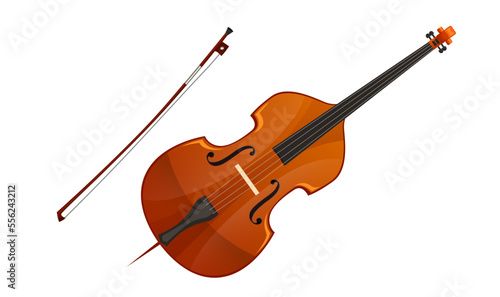Vintage wooden cello with a fiddle bow isolated on white background. Realistic musical instrument of musician. Antique form brown violin for orchestra of classical music concert. Vector illustration