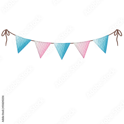 Watercolor pink and blue pennants Party flag. 