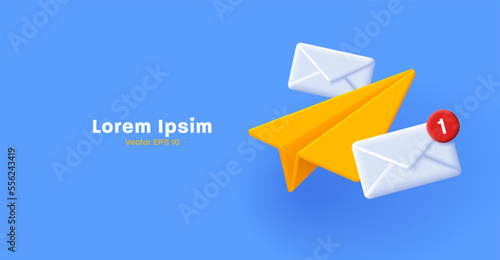 3d illustration of yellow paper plane with white mail envelopes