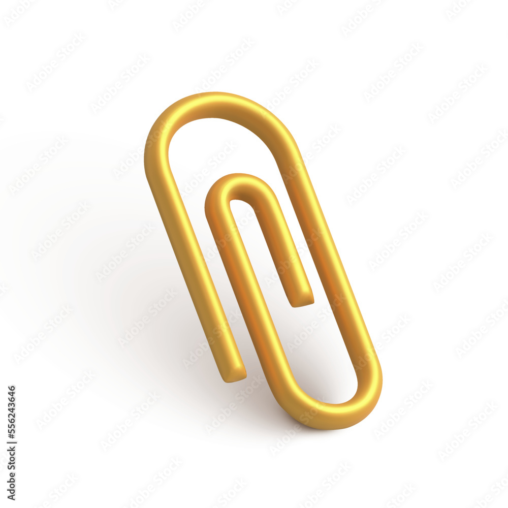 Golden paperclip isolated on white background. Isometric icon of gold stationery paper clip or clamp in 3d design for app element. Web chat office symbol new organizer collection. Vector illustration Golden paperclip isolated on white background. Isometric icon of gold stationery paper clip or clamp in 3d design for app element. Web chat office symbol new organizer collection. Vector illustration