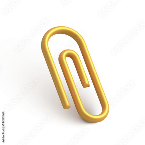 Golden paperclip isolated on white background. Isometric icon of gold stationery paper clip or clamp in 3d design for app element. Web chat office symbol new organizer collection. Vector illustration