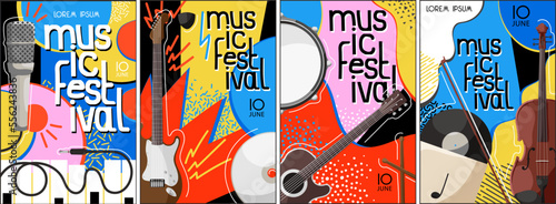 Music festival colorful banner. Poster for a summer live music in jazz party. Flyer in creative style with classic sound. Template design. Drawing for event background and card. Vector illustration