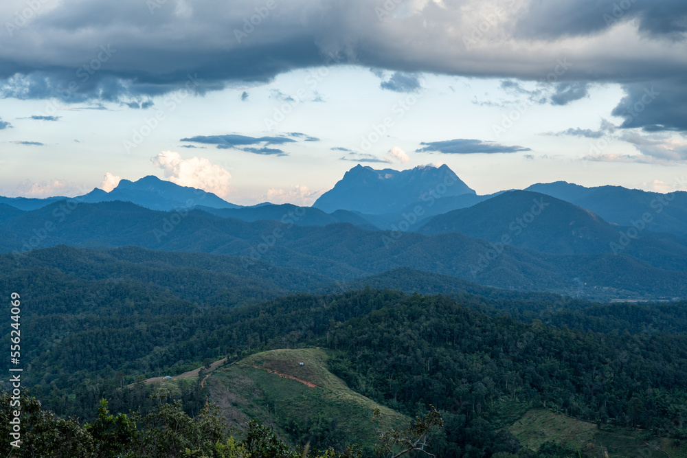 Majestic view of Doi Luang Chiang Dao in northern Thailand, the third highest mountain in Thailand, seen with beautiful dramatic clouds and colorful sky