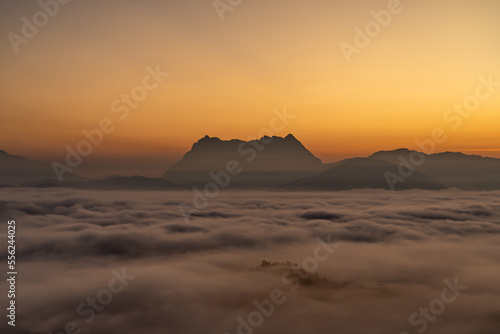 Majestic view of Doi Luang Chiang Dao in northern Thailand  the third highest mountain in Thailand  seen with beautiful dramatic clouds and colorful sky