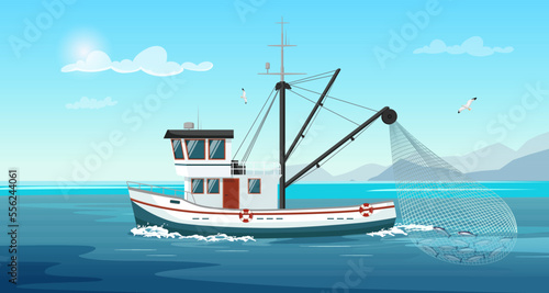 Commercial fishing ship with full fish net. Fishing boat with fisherman working in ocean catching by seine sea food: tuna, herring, sardine, salmon. Industry vessel in seascape. Vector illustration