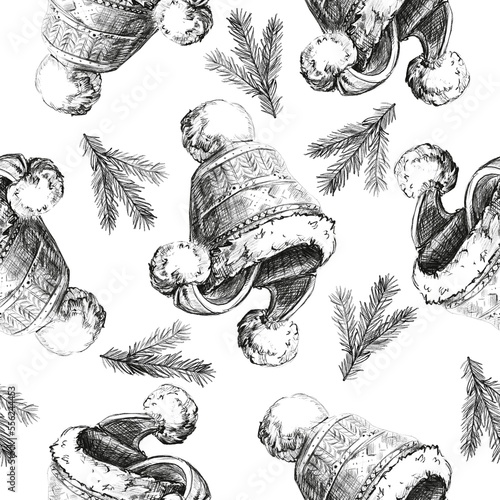 Set Of Merry Christmas With Cute Santa's hat. Cute Cartoon Illustration. Pattern for textile, paper