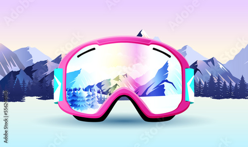 Realistic pink goggles of woman skier and snowboarder with Alps rocks on background. Winter sporting activity banner with colorful face equipment. Mirror glass with mountains view. Vector illustration