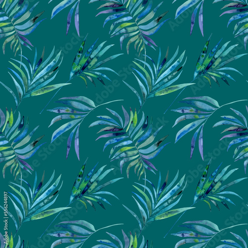 Watercolour blue green tropical palm leaves illustration seamless pattern. On green blue background. Hand-painted. Floral elements, jungle leaves.