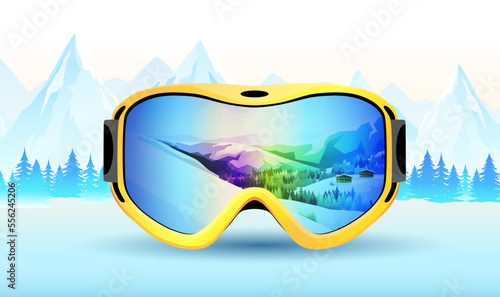 Realistic yellow goggles for skiing and snowboarding with alps, rocks on background. Winter sporting activity banner with colorful face equipment. Mirror glass with mountains view. Vector illustration
