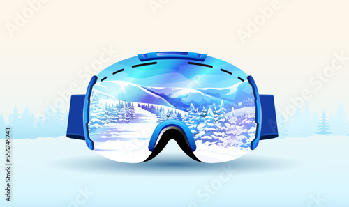 Blue goggles mask for professional skier and snowboarder with snowy forest on background. Winter sports banner, poster of sportswear equipment. Mirror glass with mountains view. Vector illustration