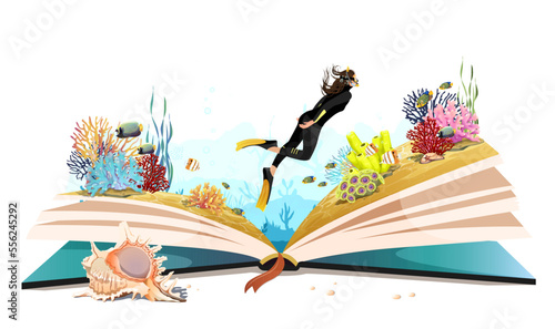 Open book with ocean fantasy concept. Diver in underwater world with different fish, seabed corals reef on colorful page. Summer travel adventure. Read Journey story in cartoon. Vector illustration