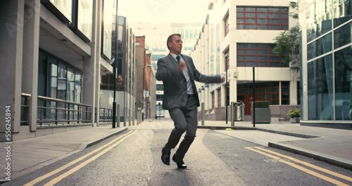 Businessman, dancing and funny city worker dance of a man happy about job success or promotion. Party dancer energy, working and music of a crazy accounting employee celebrate in street with freedom