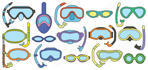 Masks for swimming vector color set icon. Isolated color set icon underwater glasses . Vector illustration masks for swimming on white background.