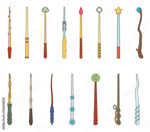 Magic wand isolated color set icon. Color vector set icon wizard stick . Vector illustration magic wand on white background.