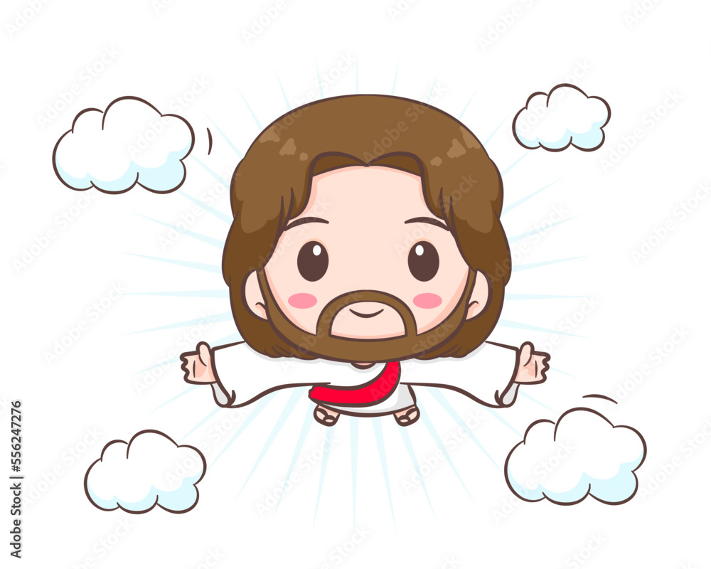 Cute Jesus Christ cartoon character. Hand drawn Chibi character, clip art, sticker, isolated white background. Ascension Day of Jesus. Mascot logo icon vector art illustration Cute Jesus Christ cartoon character. Hand drawn Chibi character, clip art, sticker, isolated white background. Ascension Day of Jesus. Mascot logo icon vector art illustration