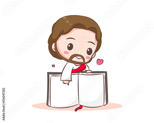 Cute Jesus Christ pointing the bible cartoon character. Hand drawn Chibi character, clip art, sticker, isolated white background. Christian Bible for kids. Mascot logo icon vector art illustration