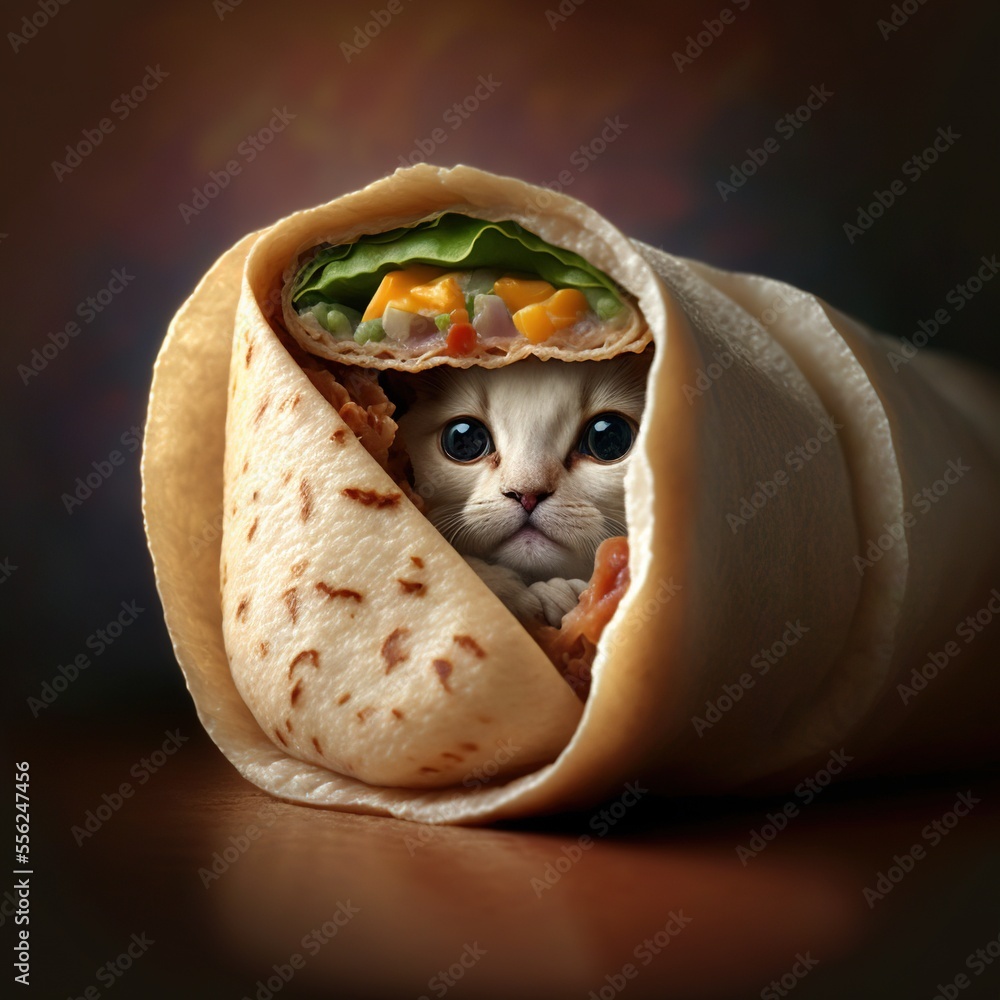 a cat peeking out from a burrito wrap with a burrito in it's mouth and ...