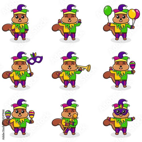 Vector illustration Squirrel wearing mardi gras clothes in different poses isolated on white background. A cartoon illustration of a Mardi Gras Squirrel. Mardi Gras jester, set.