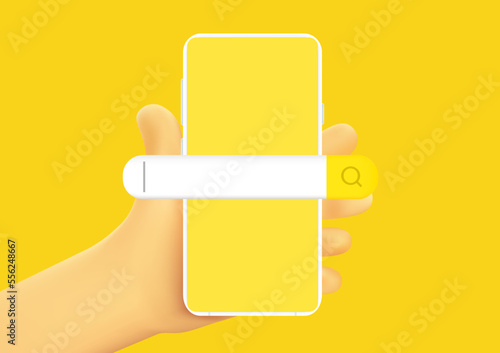 3D concept smartphone with search bar. Browser button for website. Search form template. Vector illustration.