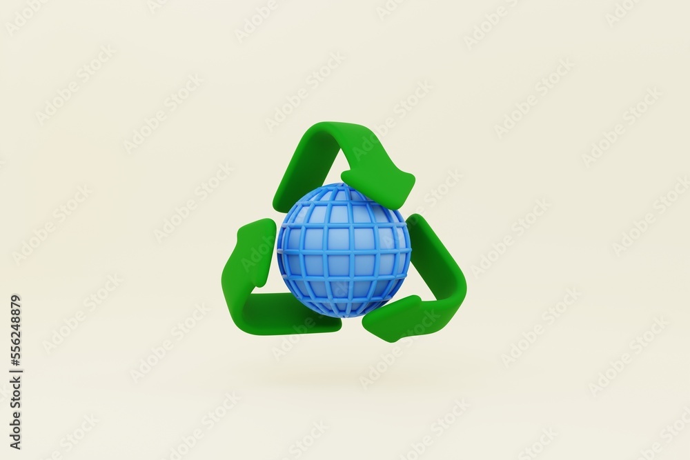 green recycle symbol with globe symbol on pastel background. recycling concept 3d illustration green recycle symbol with globe symbol on pastel background. recycling concept 3d illustration
