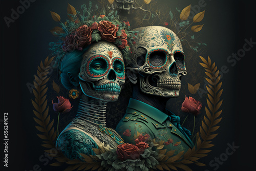 Two Mexican Day of the Dead skulls or skeletons. Generative AI.