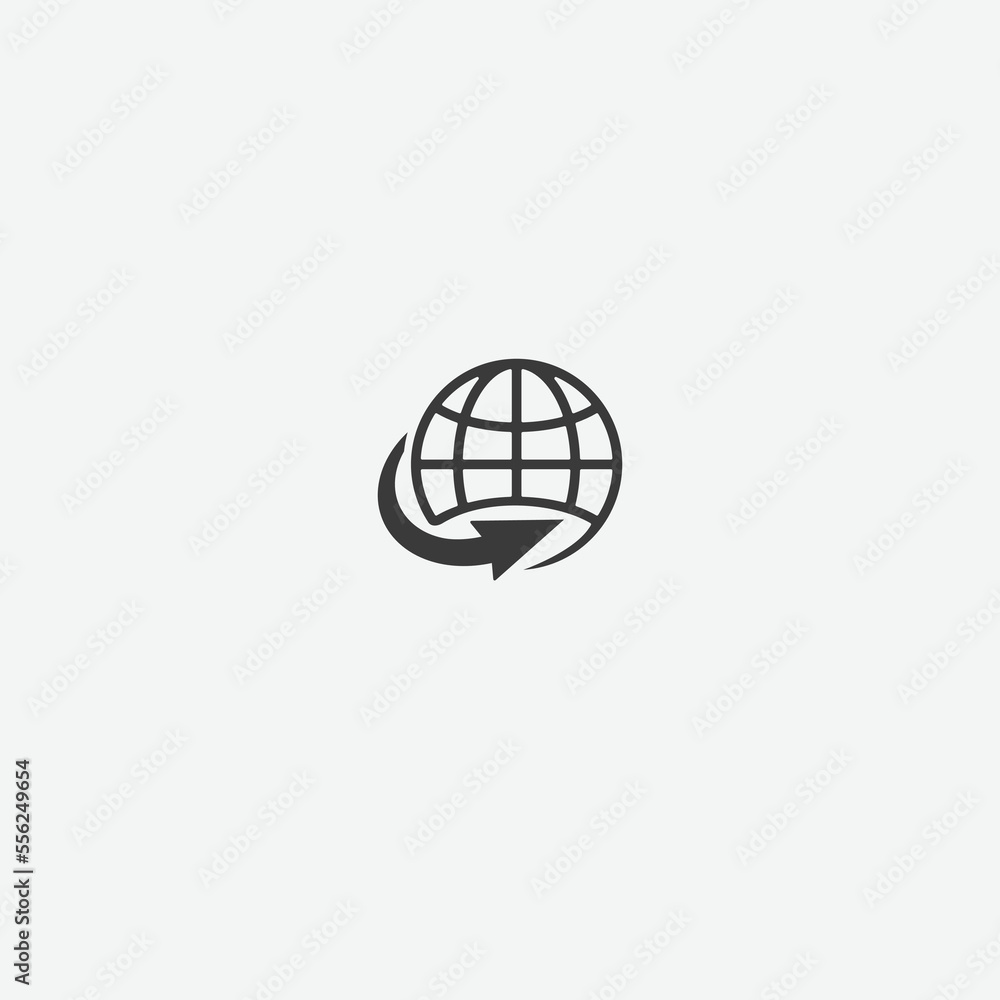 Globe rotation icon, rotating world map globe earth icon with arrow. Globe rotation icon, rotating world map globe earth icon with arrow.