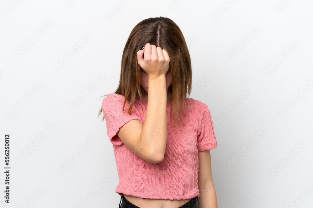 Young English woman isolated on white background with headache Young English woman isolated on white background with headache