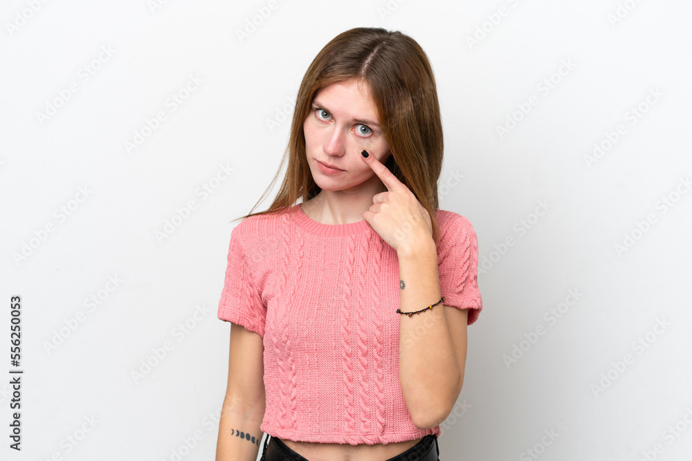 Young English woman isolated on white background showing something Young English woman isolated on white background showing something