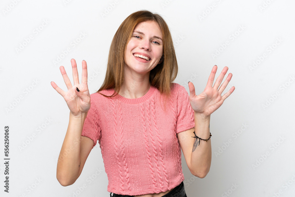 Young English woman isolated on white background counting nine with fingers Young English woman isolated on white background counting nine with fingers