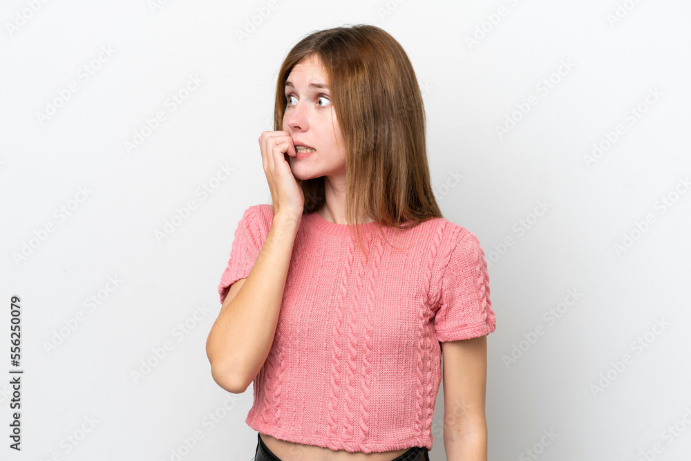 Young English woman isolated on white background is a little bit nervous Young English woman isolated on white background is a little bit nervous