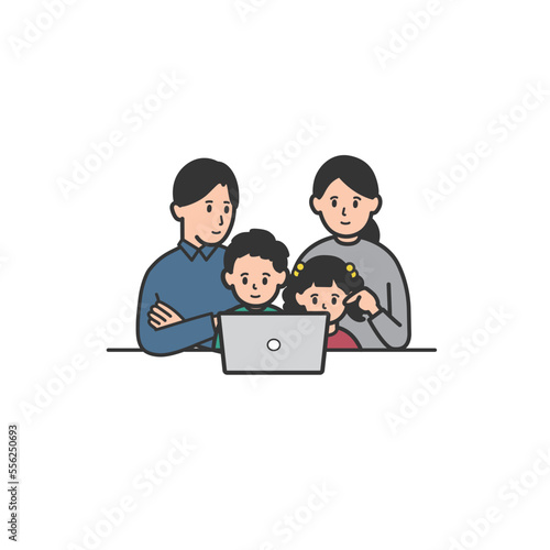 家族4人でパソコンを見るイラスト
