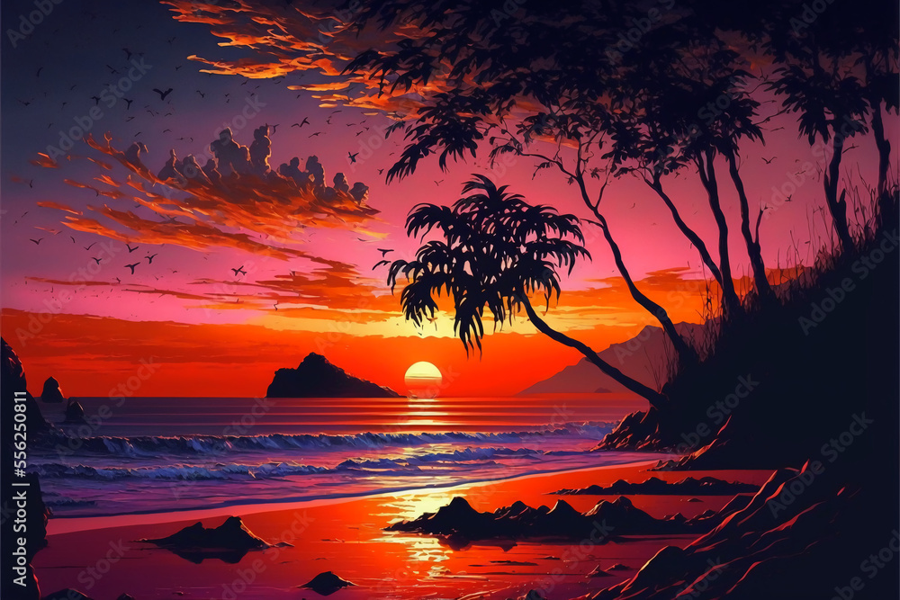 Beautiful sunset on the beach. Illustration. Generative AI.