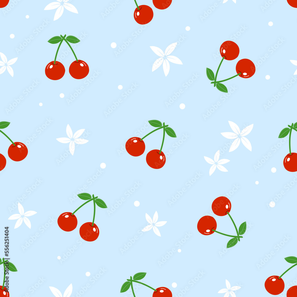 Seamless pattern of cherry fruit with white flower on blue background vector.