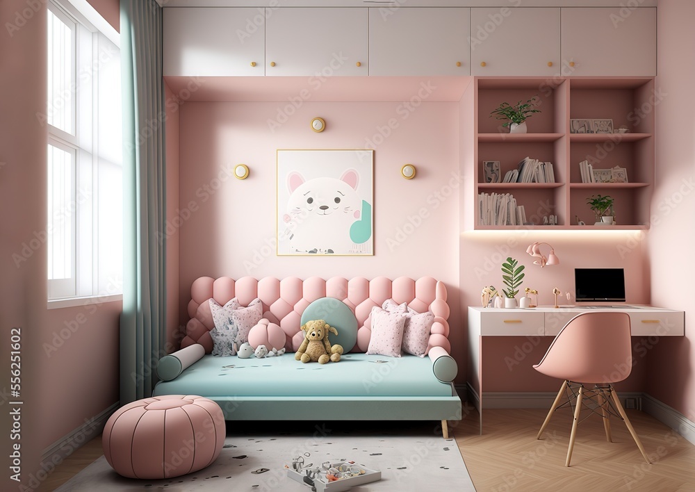 children s bedroom bed long sofa chair sofa long study table pink pastel wall natural lighting Stock Illustration Adobe Stock