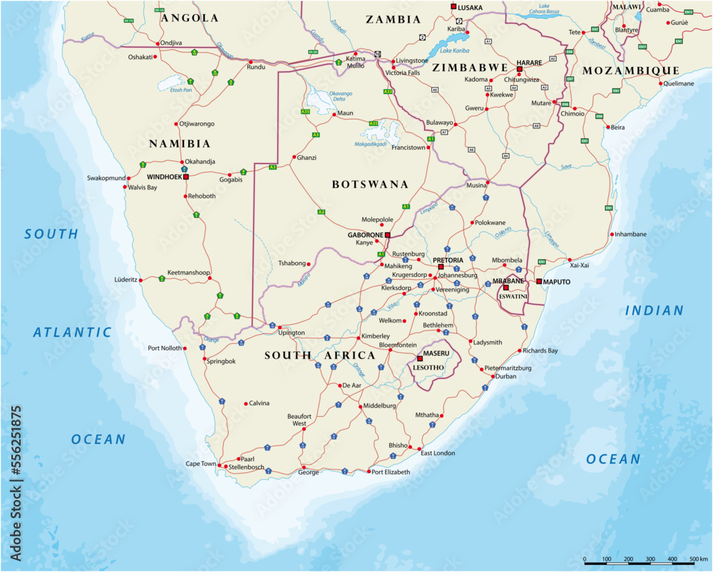 Road map of the states of southern Africa