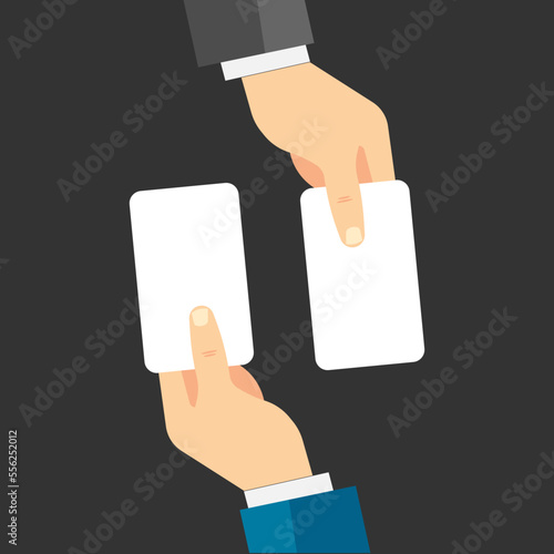 Hand business card icon flat web sign symbol logo label set.Two men's hands are holding business cards. Template flat illustration of businessman's hands and blank cards. Vector isolated on white back