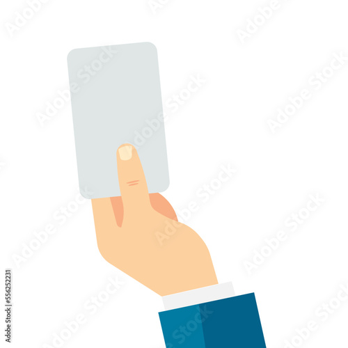 Hand business card icon flat web sign symbol logo label set.Two men's hands are holding business cards. Template flat illustration of businessman's hands and blank cards. Vector isolated on white back
