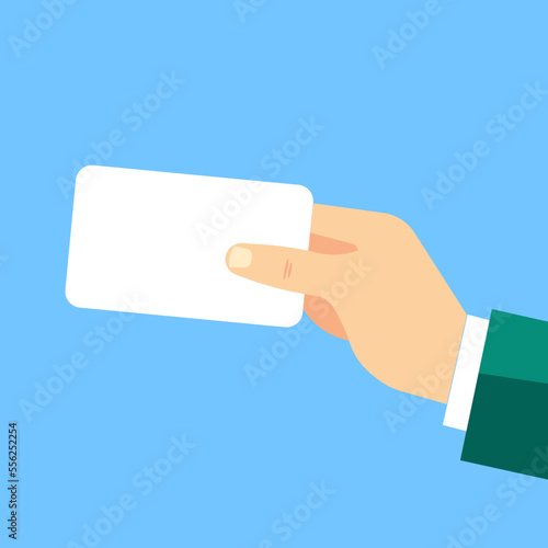 Hand business card icon flat web sign symbol logo label set.Two men's hands are holding business cards. Template flat illustration of businessman's hands and blank cards. Vector isolated on white back