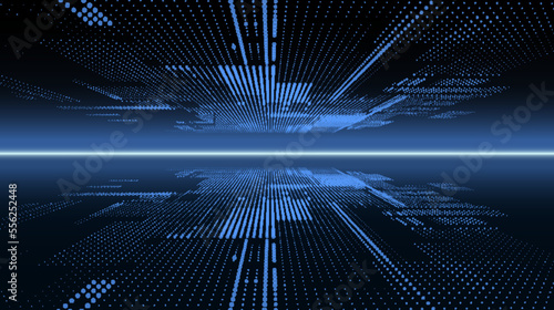 Digital background with moving glowing particles. Futuristic hi-tech illustration. Concept of data transfer in cyberspace. Big data visualization. Vector illustration.