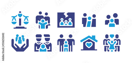 Family icon set. Vector illustration. Containing justice scale, family, refugee, home