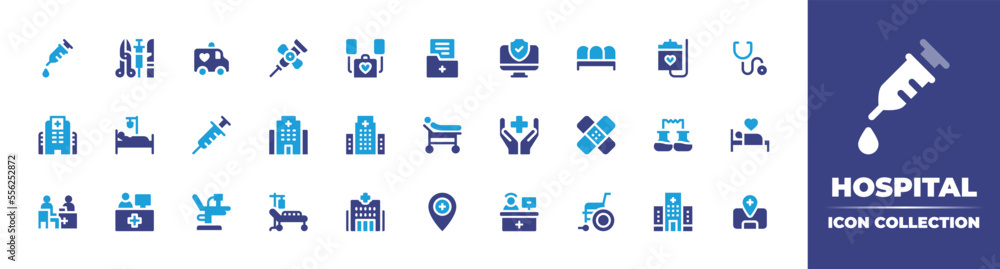 Hospital icon collection. Vector illustration. Containing vaccine, instruments, ambulance, butterfly needle, defibrillator, folder, monitor, chairs, chemotherapy, stethoscope, hospital, and more.