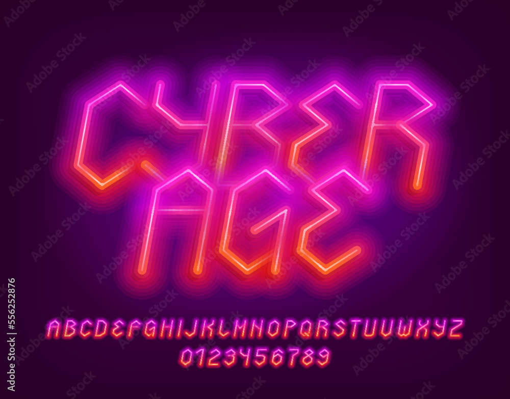 Cyber Age alphabet font. Futuristic neon letters and numbers. Stock vector typescript for your design.