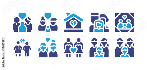 Family icon set. Vector illustration. Containing family, broken heart, foster family, divorce, married