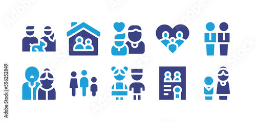 Family icon set. Vector illustration. Containing couple, family, fatherhood, newlyweds, grandparents, children, document, mother