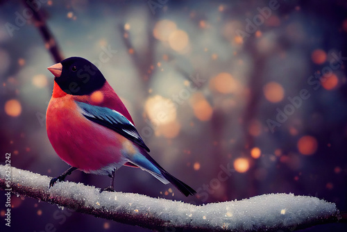 Beautiful red male bullfinch sitting on a tree branch covered with snow, winter bokeh background, AI generated image